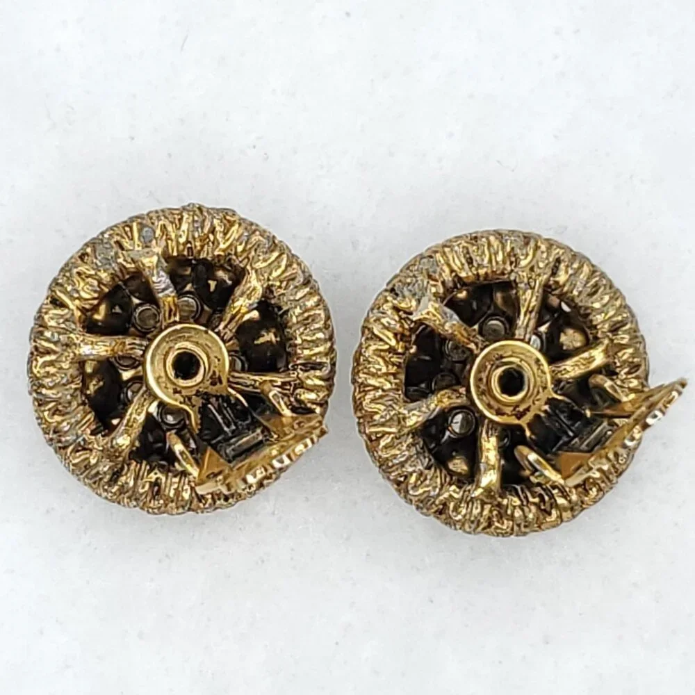 Vintage Rhinestone Earrings Green Gold Tone Round Clip On 7/8